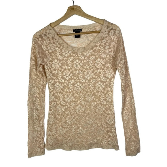 Moda International Beige Floral Y2K Lace Scoop Neck Long Sleeve S - Picture 1 of 3